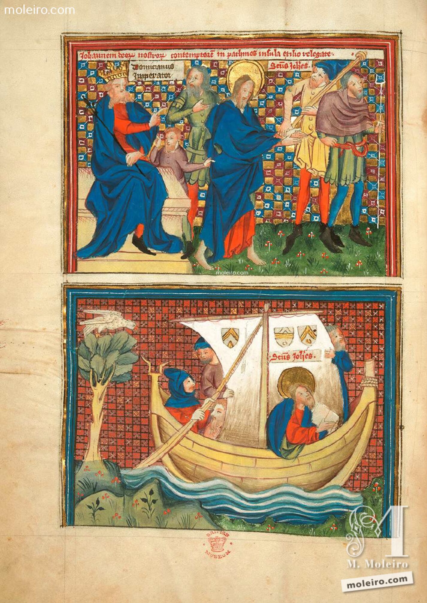 f. 2v · Domiciano destierra a san Juan a la isla de Patmos. San Juan se dirige a Patmos en barco.