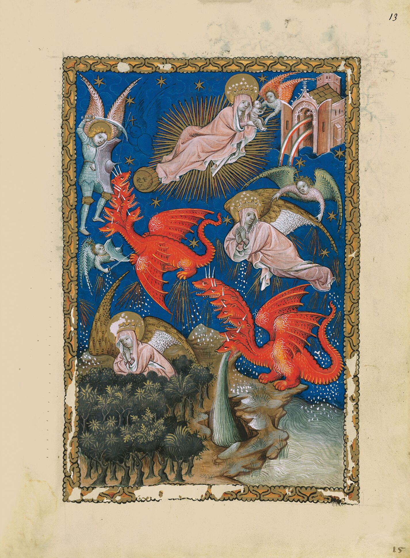 f. 13r, El templo en el cielo y la mujer en el sol y el dragón de las siete cabezas