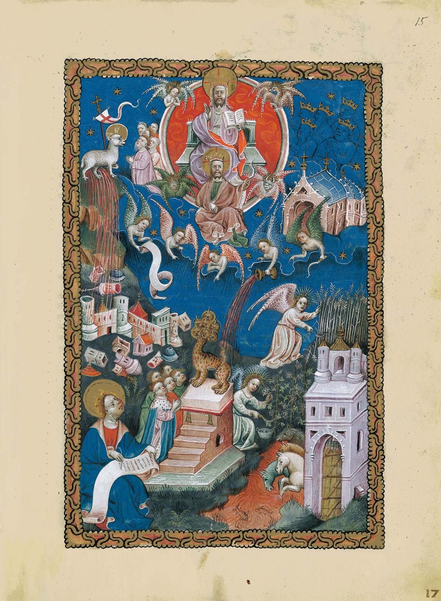 <p>f. 15r, La adoración del Cordero, la caída de Babilonia, la siega y la vendimia</p>