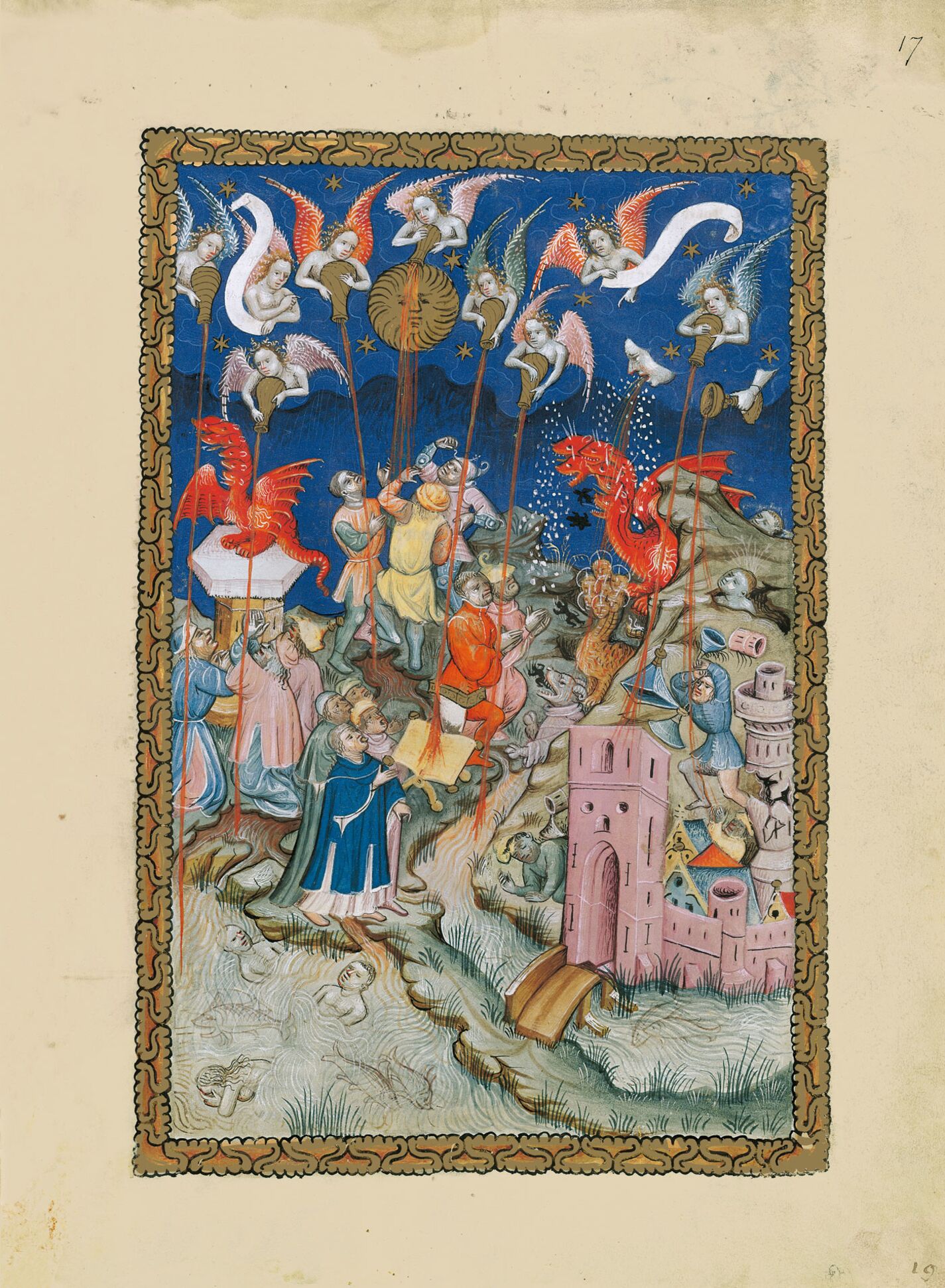 <p>f. 17r, Las siete copas y la ira de Dios son derramadas sobre la tierra</p>