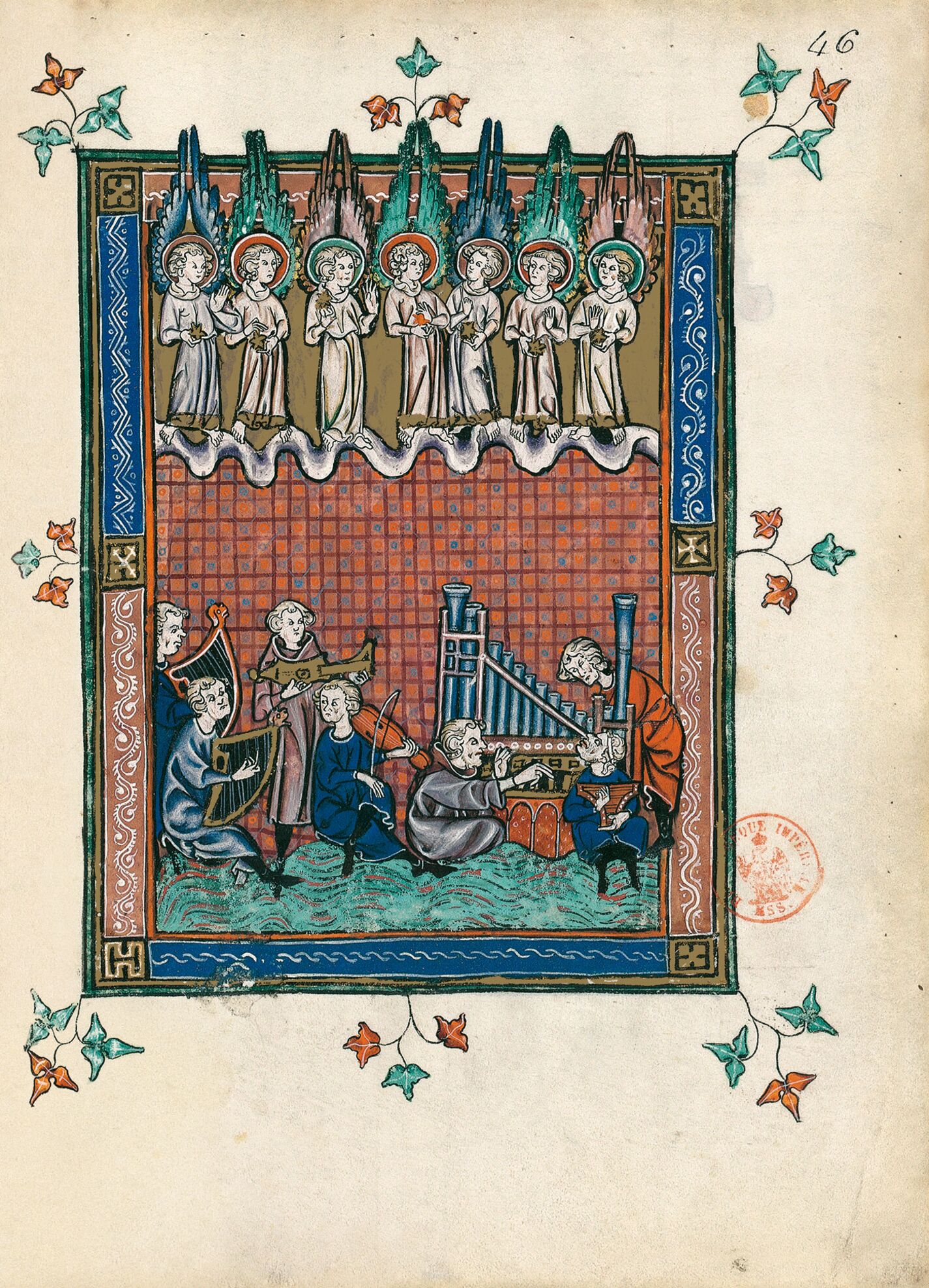 f. 46r, El mar de cristal (Ap. 15, 1-4)