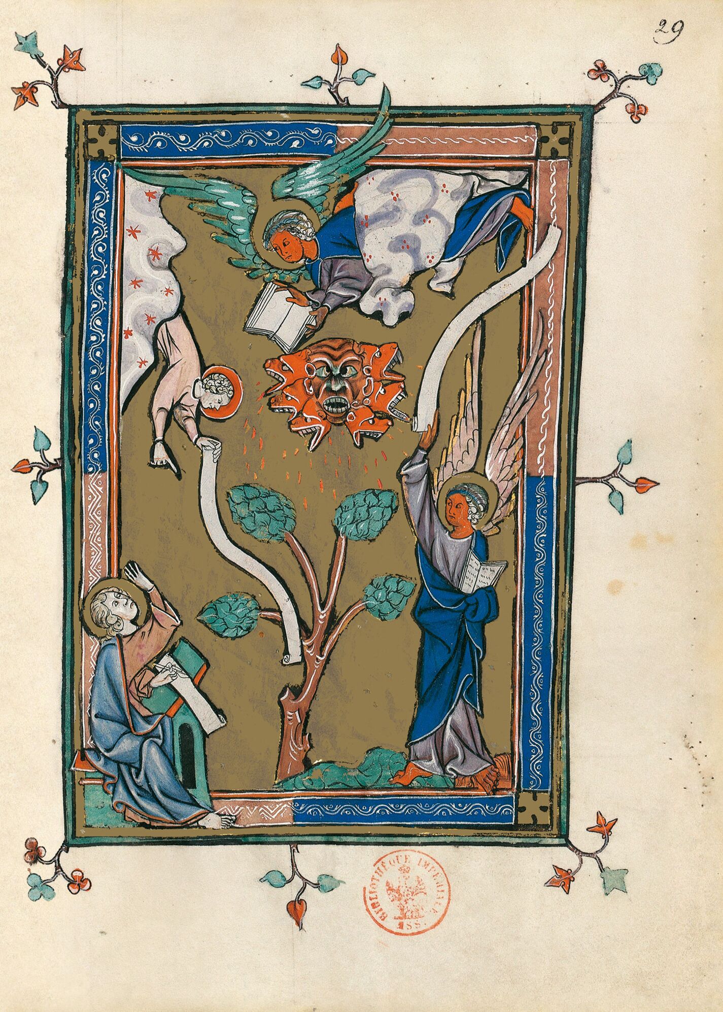 f. 29r, El ángel de pie sobre la tierra y el mar (Ap. 10, 1-7)