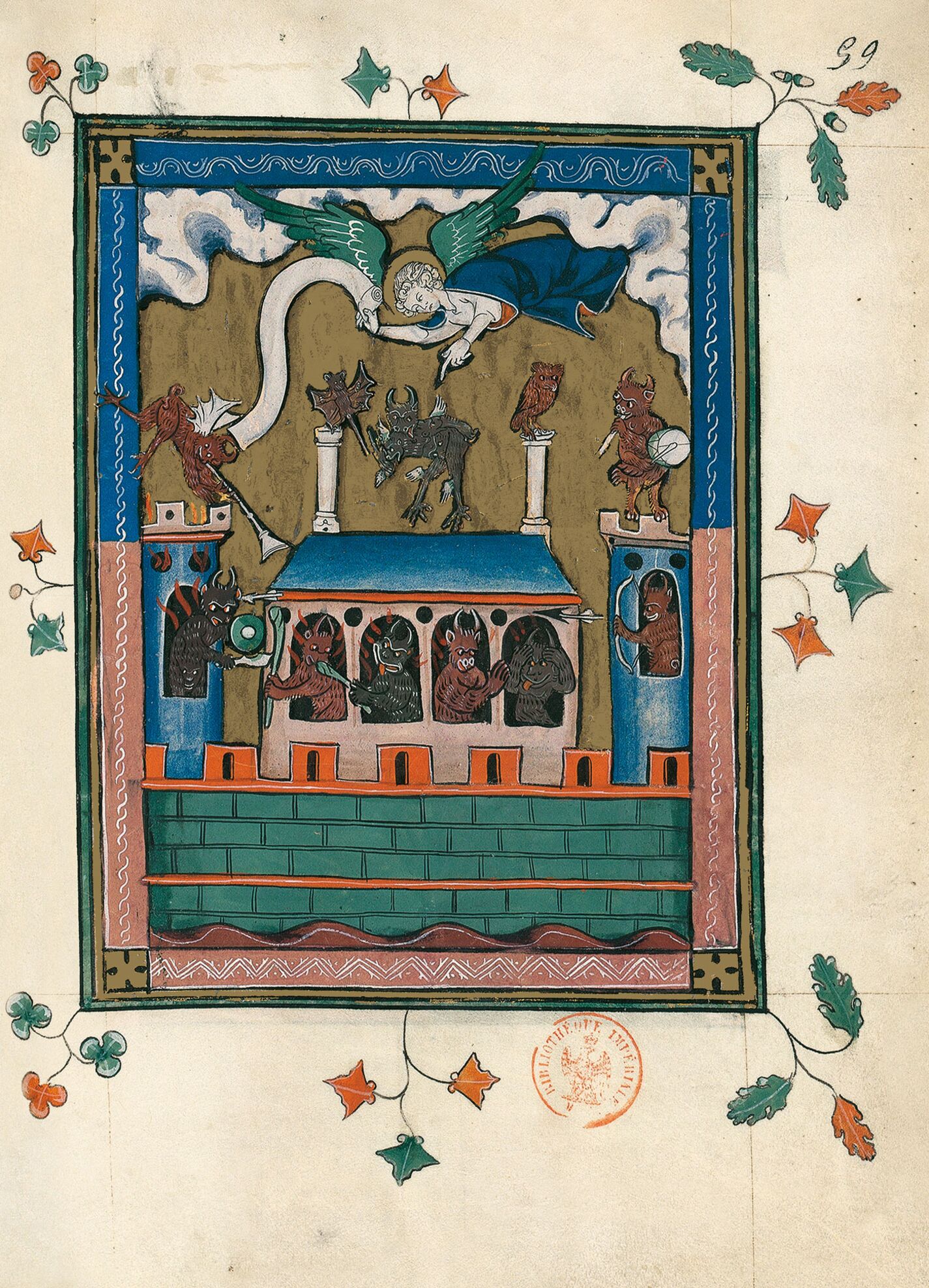 f. 59r, Babilonia, morada de los demonios (Ap. 18, 1-3)