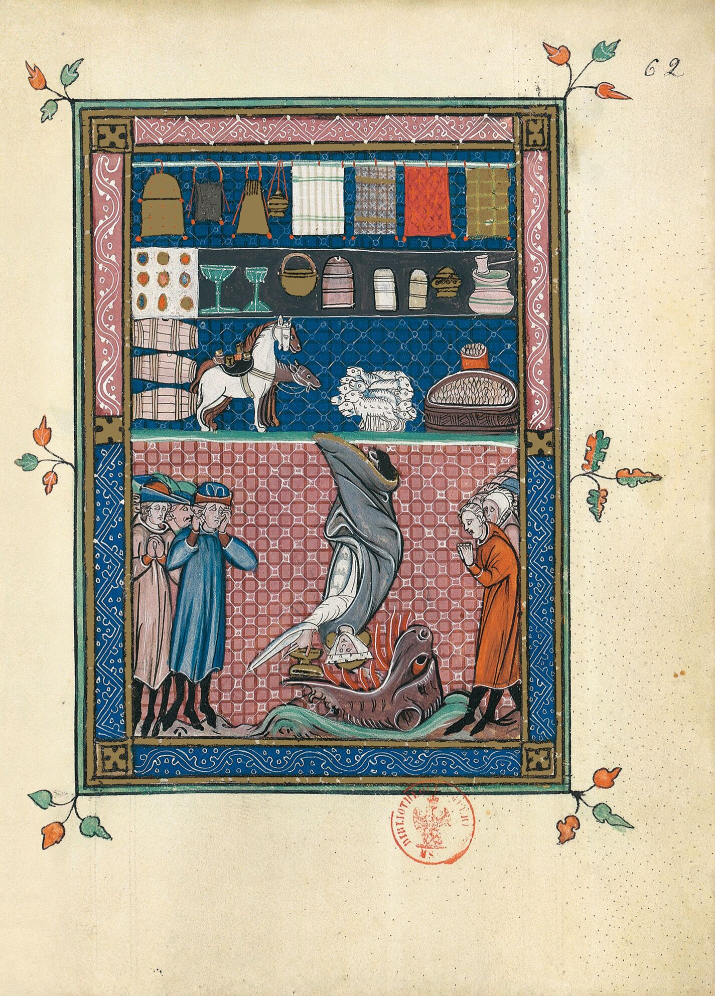 f. 62r, Los tesoros de Babilonia (Ap. 18, 11-14)