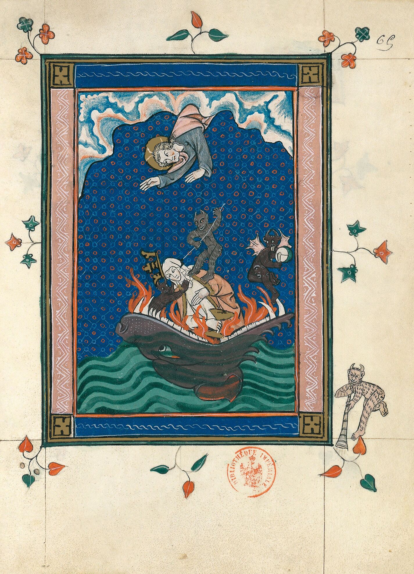 f. 65r, Babilonia arrojada al Infierno (Ap. 18, 22b-24)