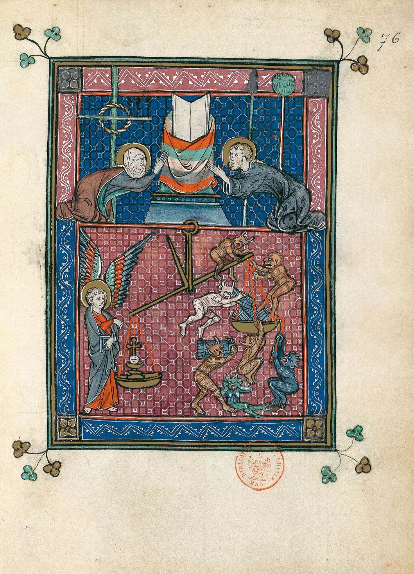 f. 76r, El juicio de las almas (Ap. 20, 12b-15)