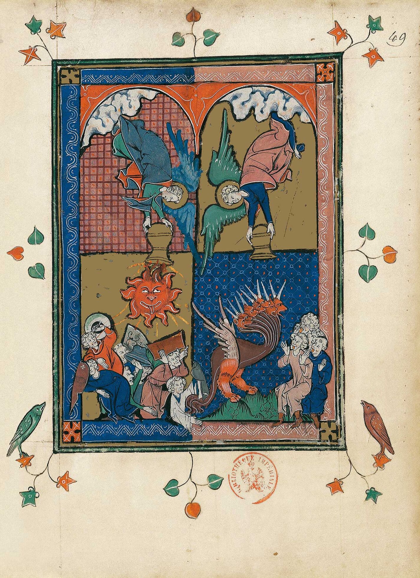 f. 49r, La cuarta y quinta copa (Ap. 16, 7-11)