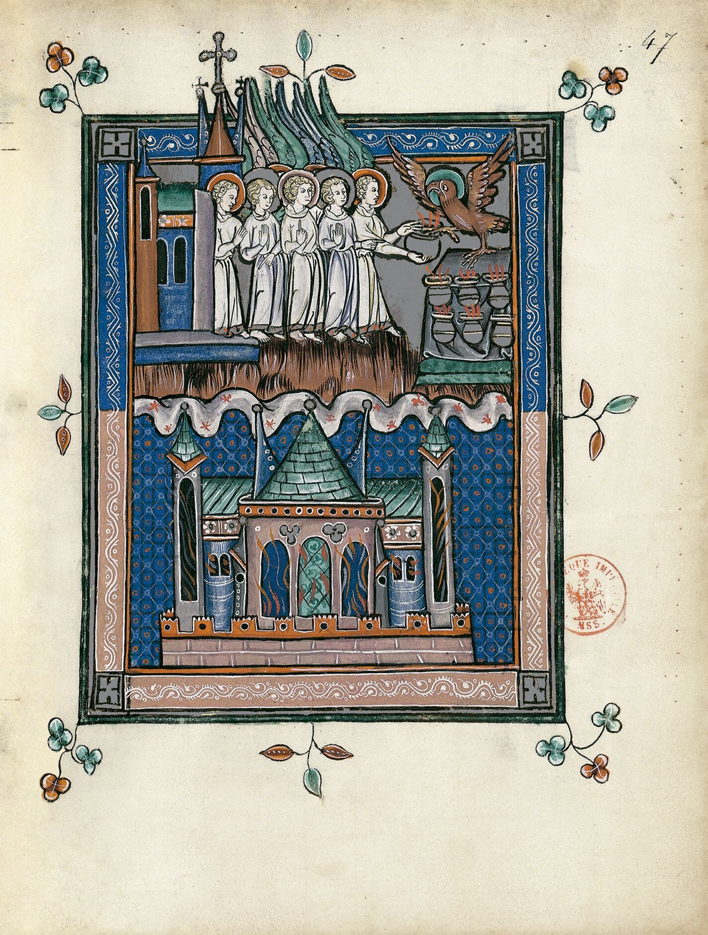 f. 47r, Los siete ángeles reciben las copas de la cólera de Dios (Apocalipsis 15, 5-8)