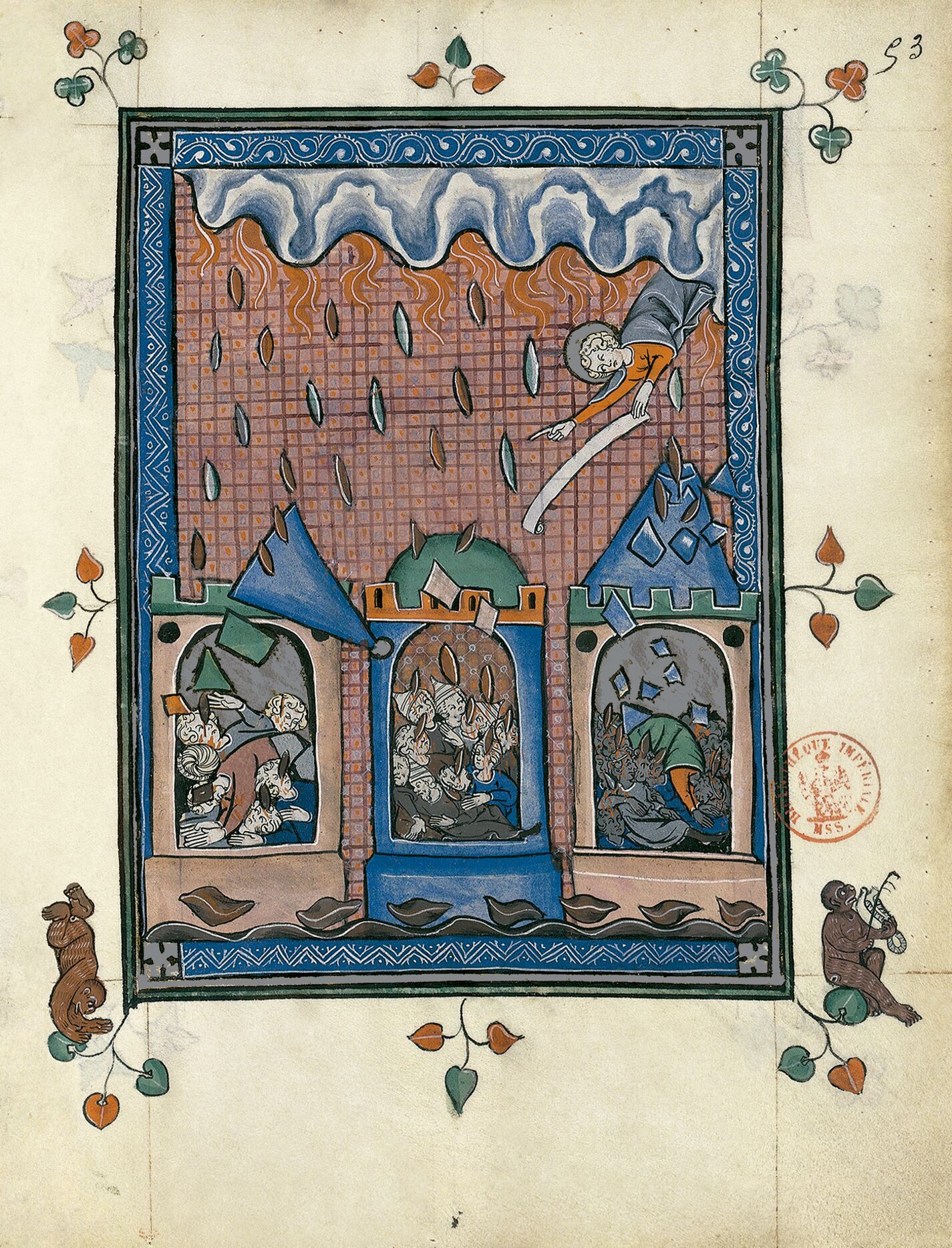 f. 53r, Babilonia escindida en tres partes (Apocalipsis 16, 19-20)