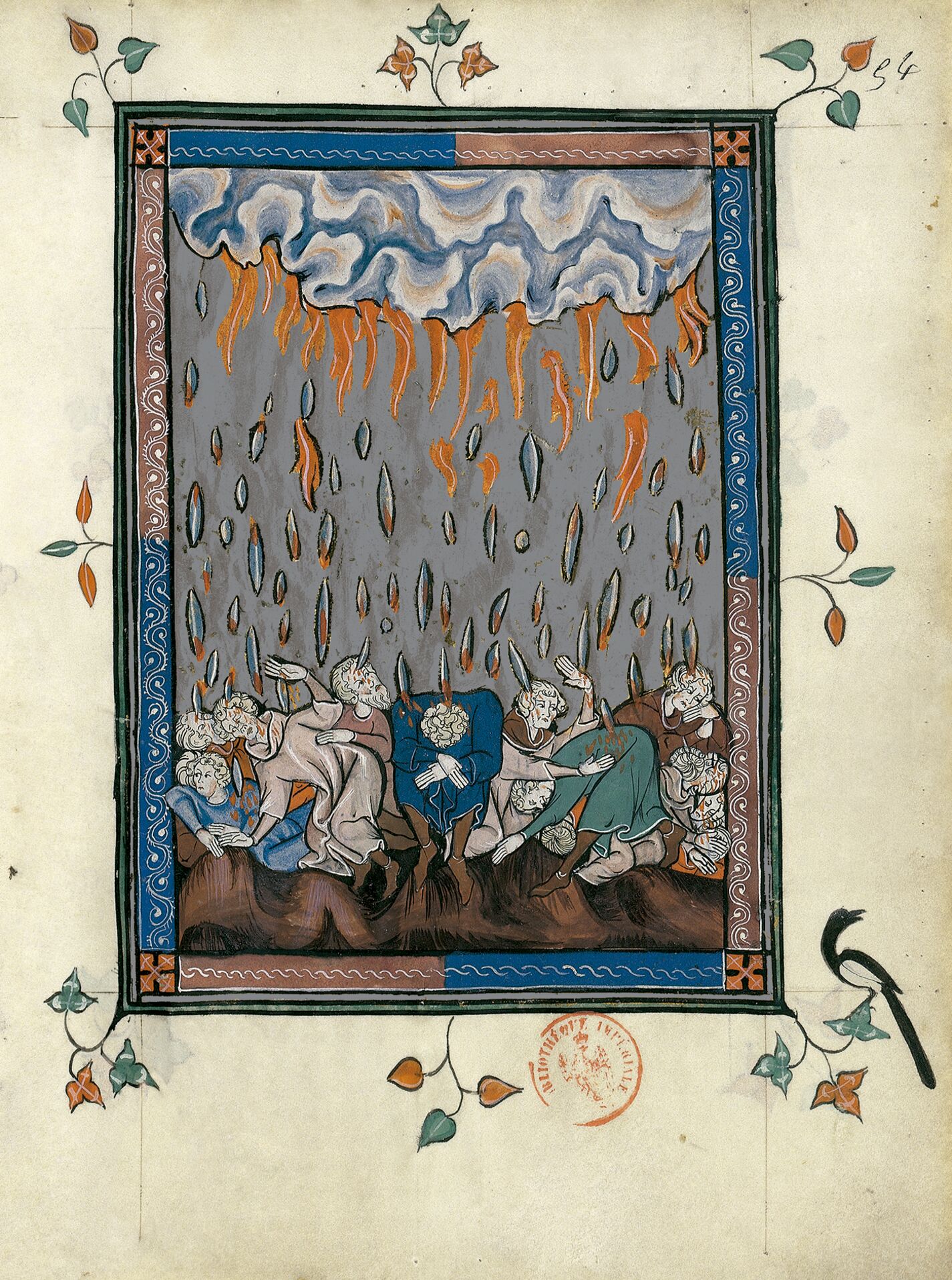 f. 54r, La lluvia de granizo (Apocalipsis 16, 21)