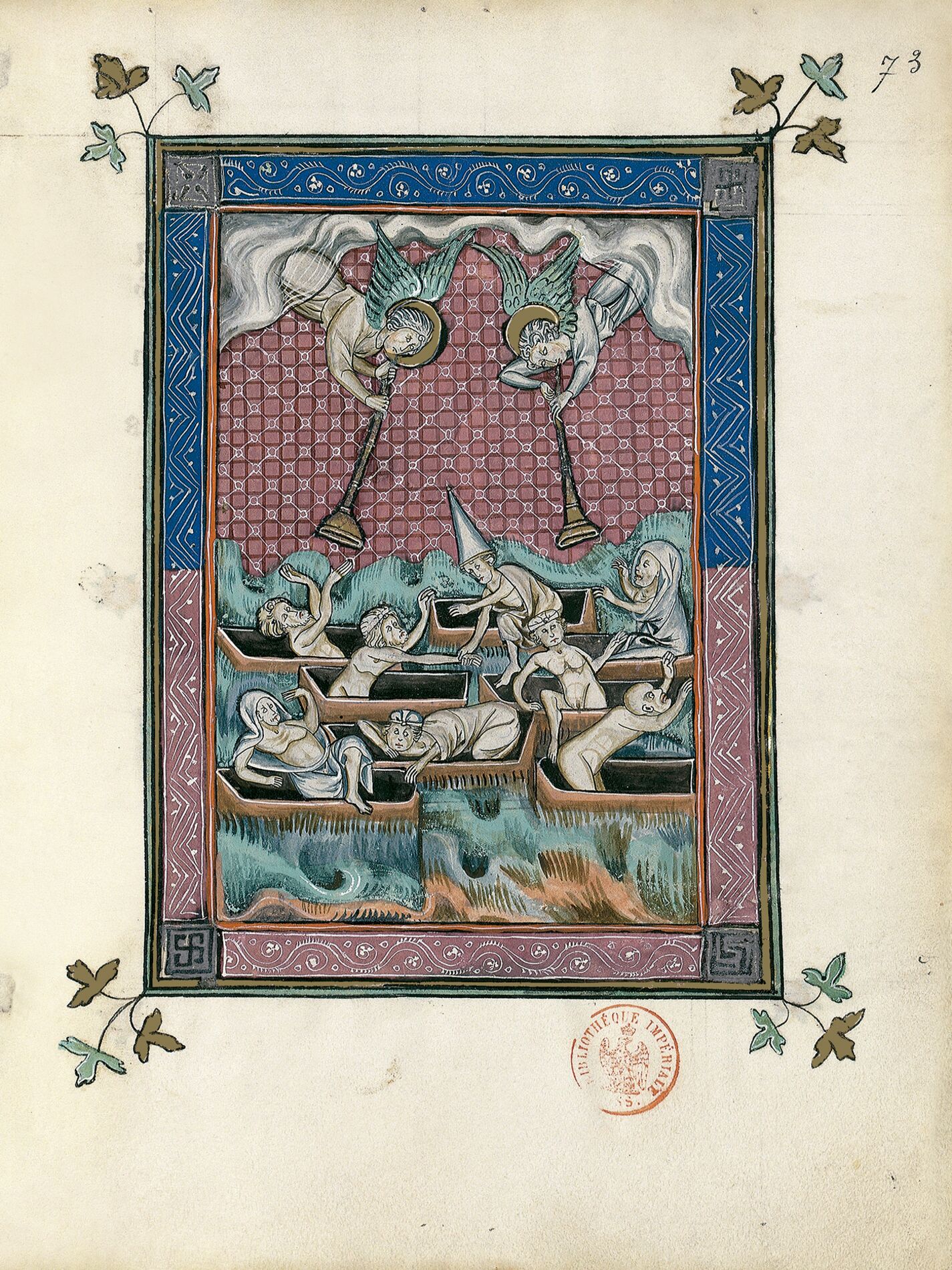 f. 73r, La primera resurrección (Apocalipsis 20, 4-6)