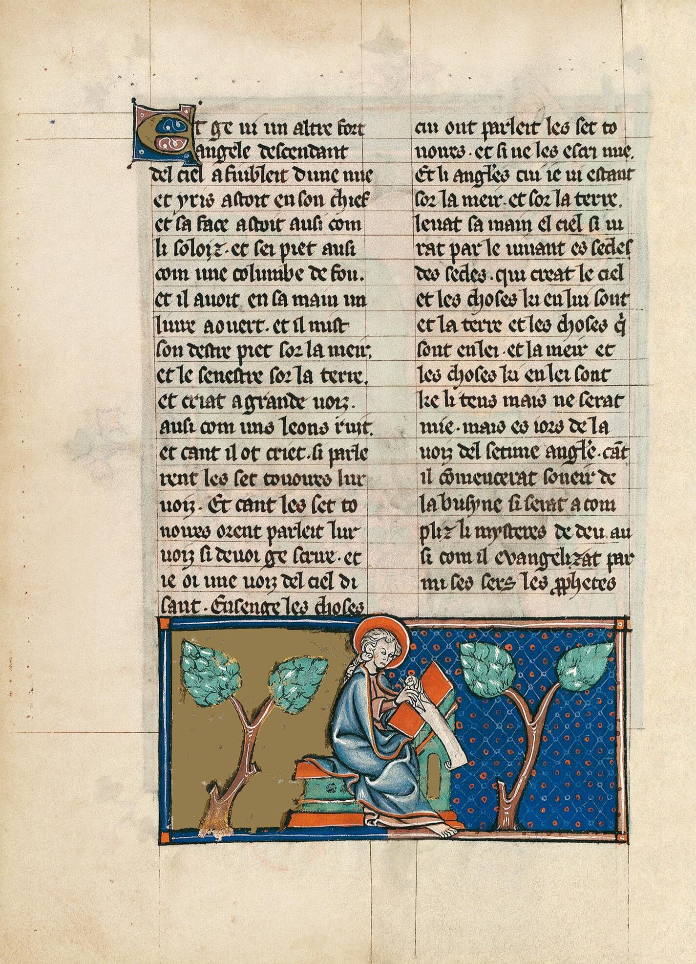 f. 28v, El ángel de pie sobre la tierra y el mar (Apocalipsis 10, 1-7)