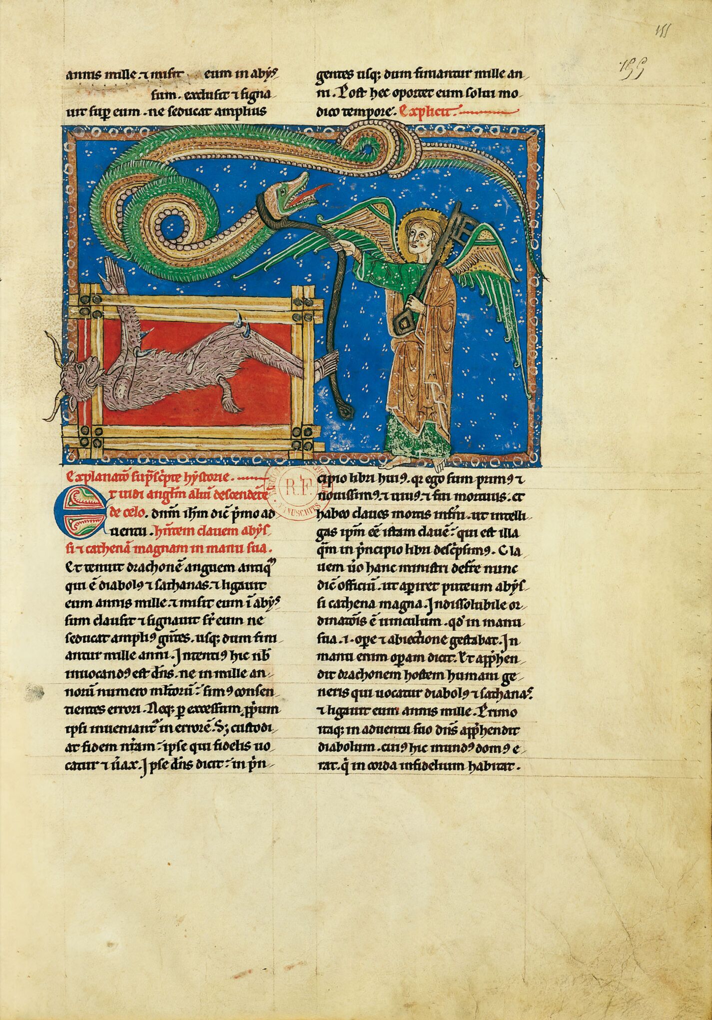 f. 155r, El ángel con la llave del abismo y el diablo encadenado