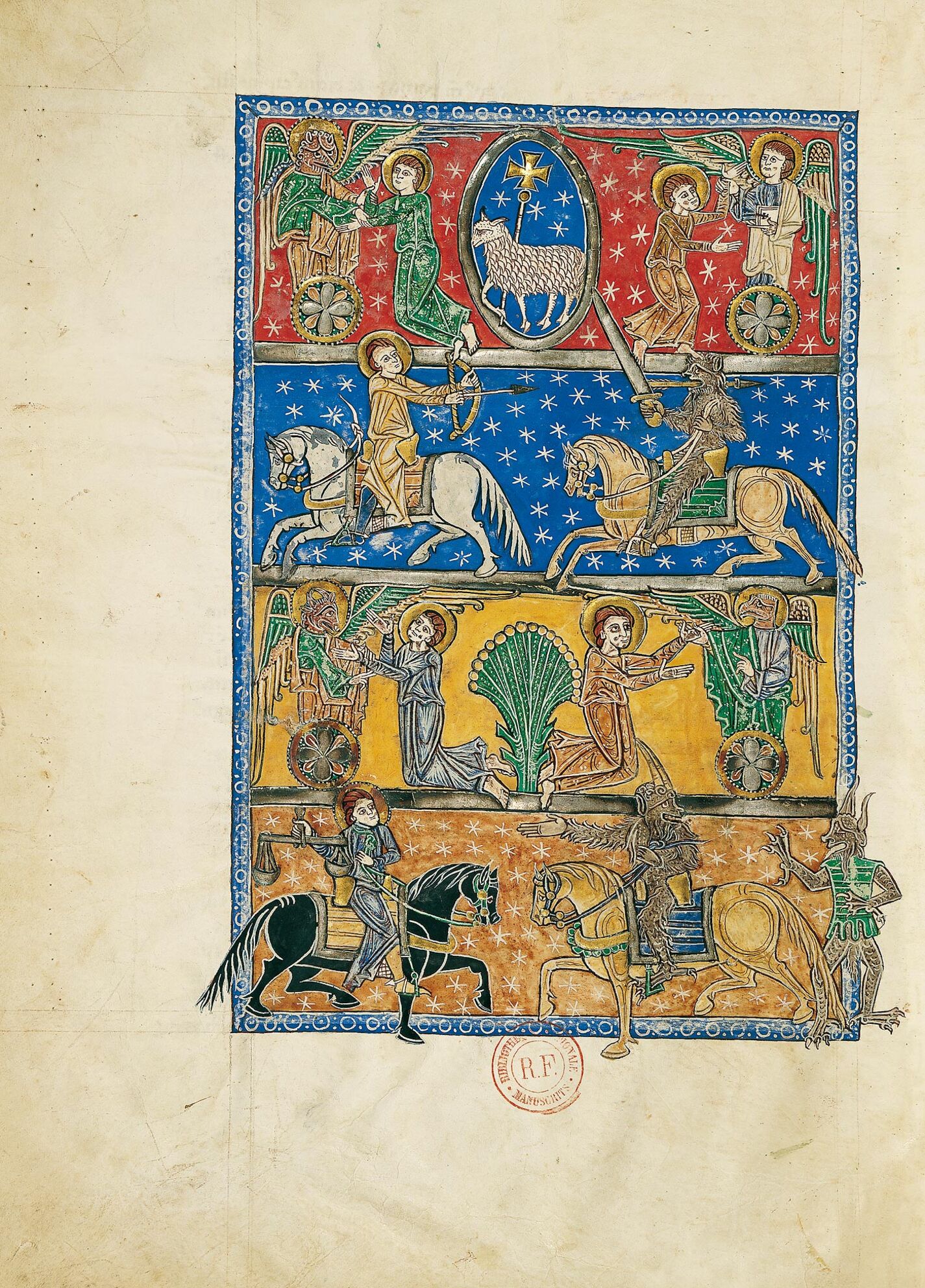 f. 70v, Apertura de los cuatro primeros sellos