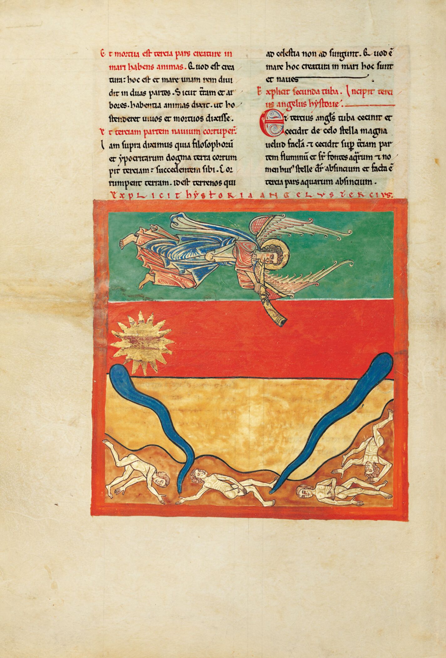 f. 96v, El ángel de la tercera trompeta: la estrella grande, ardiendo