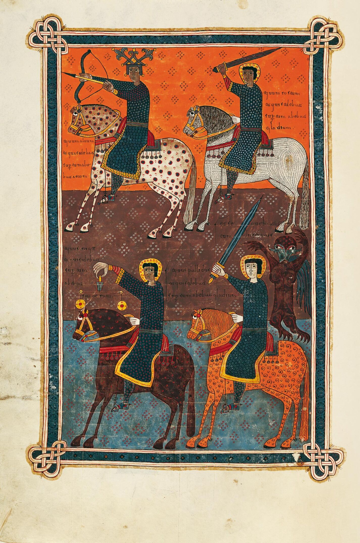 f. 102v, Apertura de los cuatro primeros sellos (Los cuatro jinetes del Apocalipsis) (Ap. 6, 1-8), Pedro.