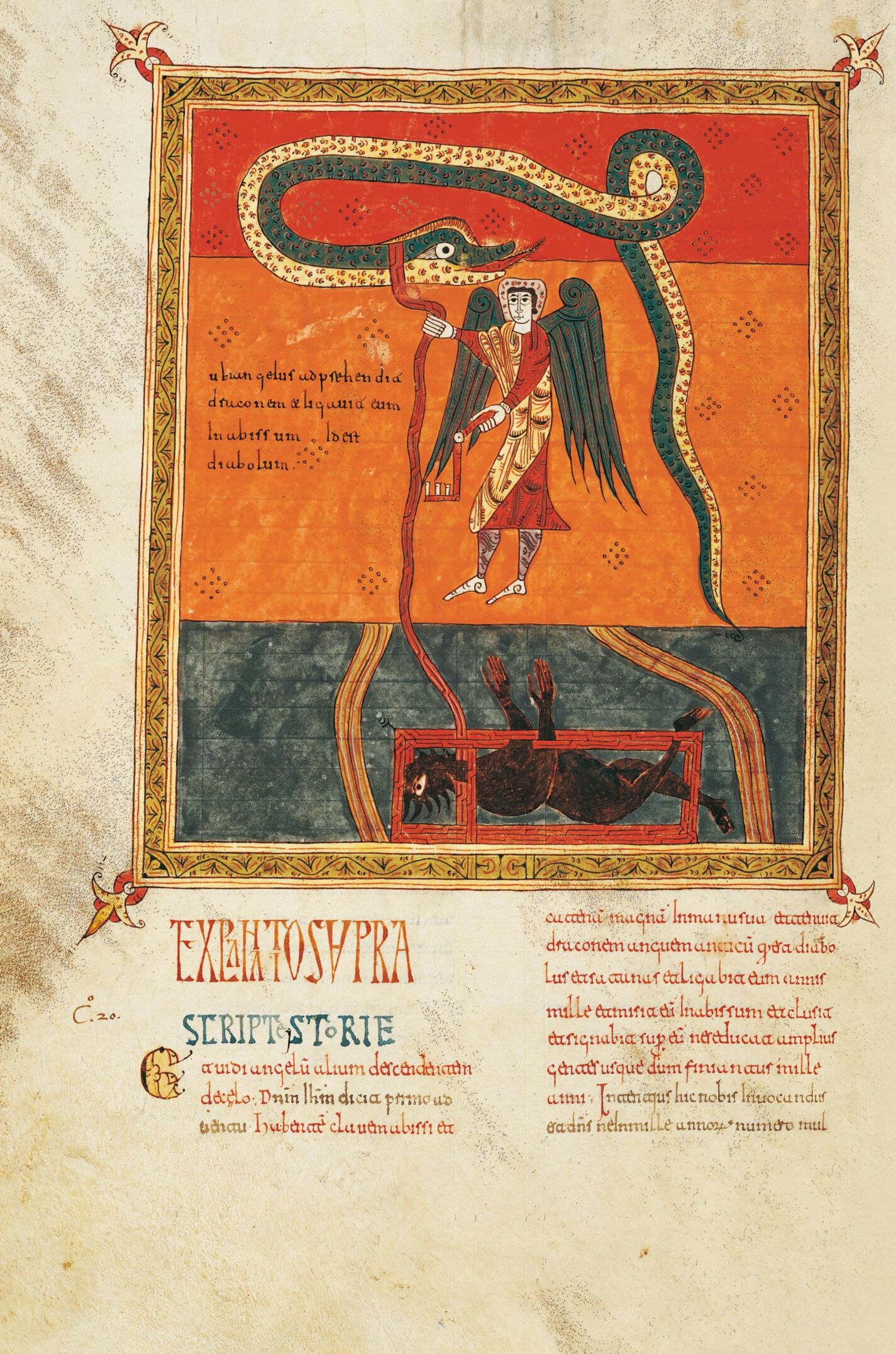 f. 199v, El ángel encadena a Satanás (Storia: Ap. 20, 1-3), Pedro.