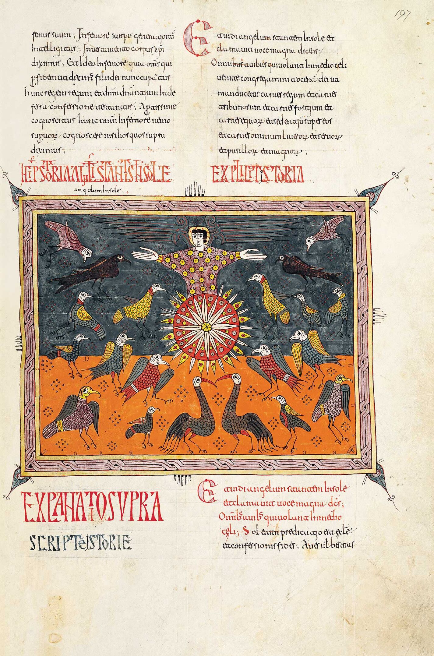 f. 197r. El ángel en el sol (Storia: Ap. 19, 17-18), Pedro.