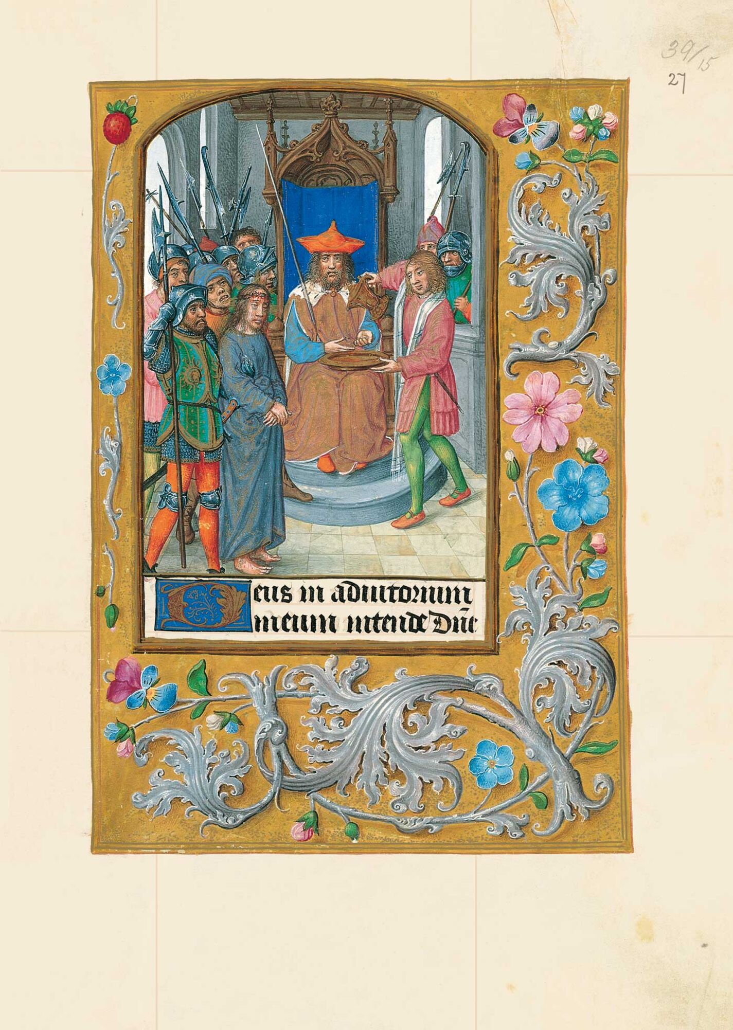 f. 27r, Cristo ante Pilatos y el lavatorio de manos