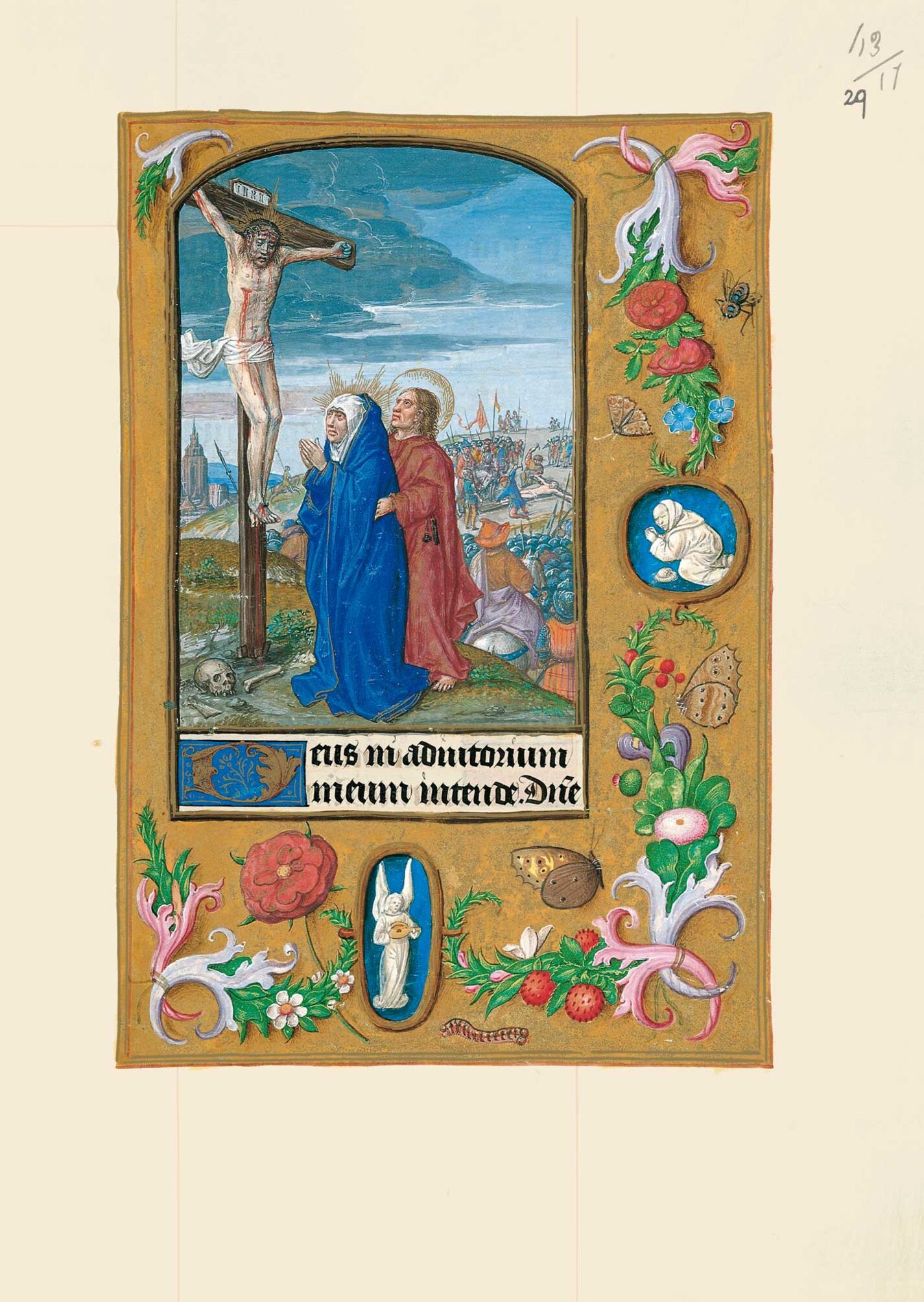 f. 29r, Jesús clavado en la cruz y Crucifixión