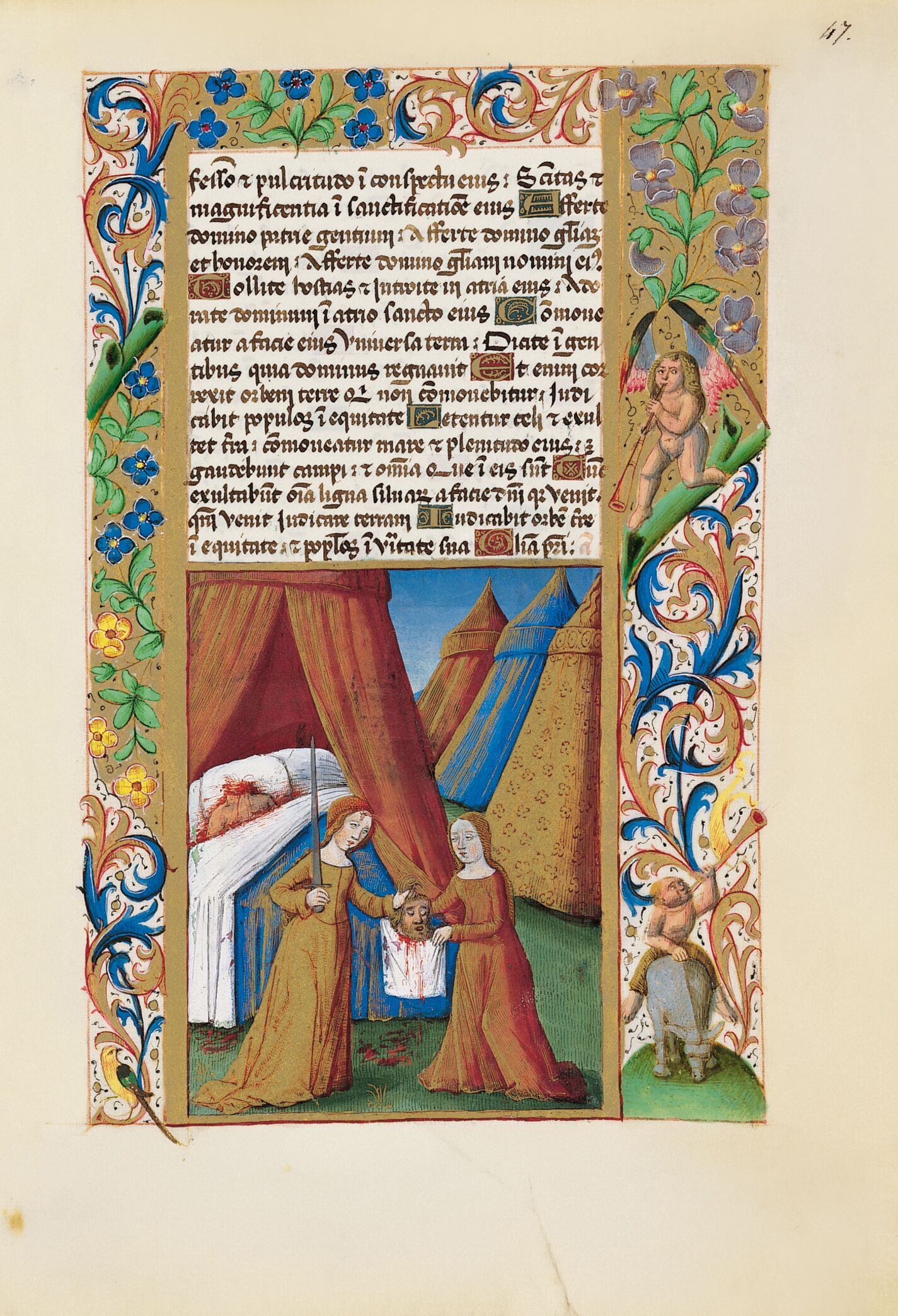 f. 47r, Judit entrega a su criada la cabeza de Holofernes